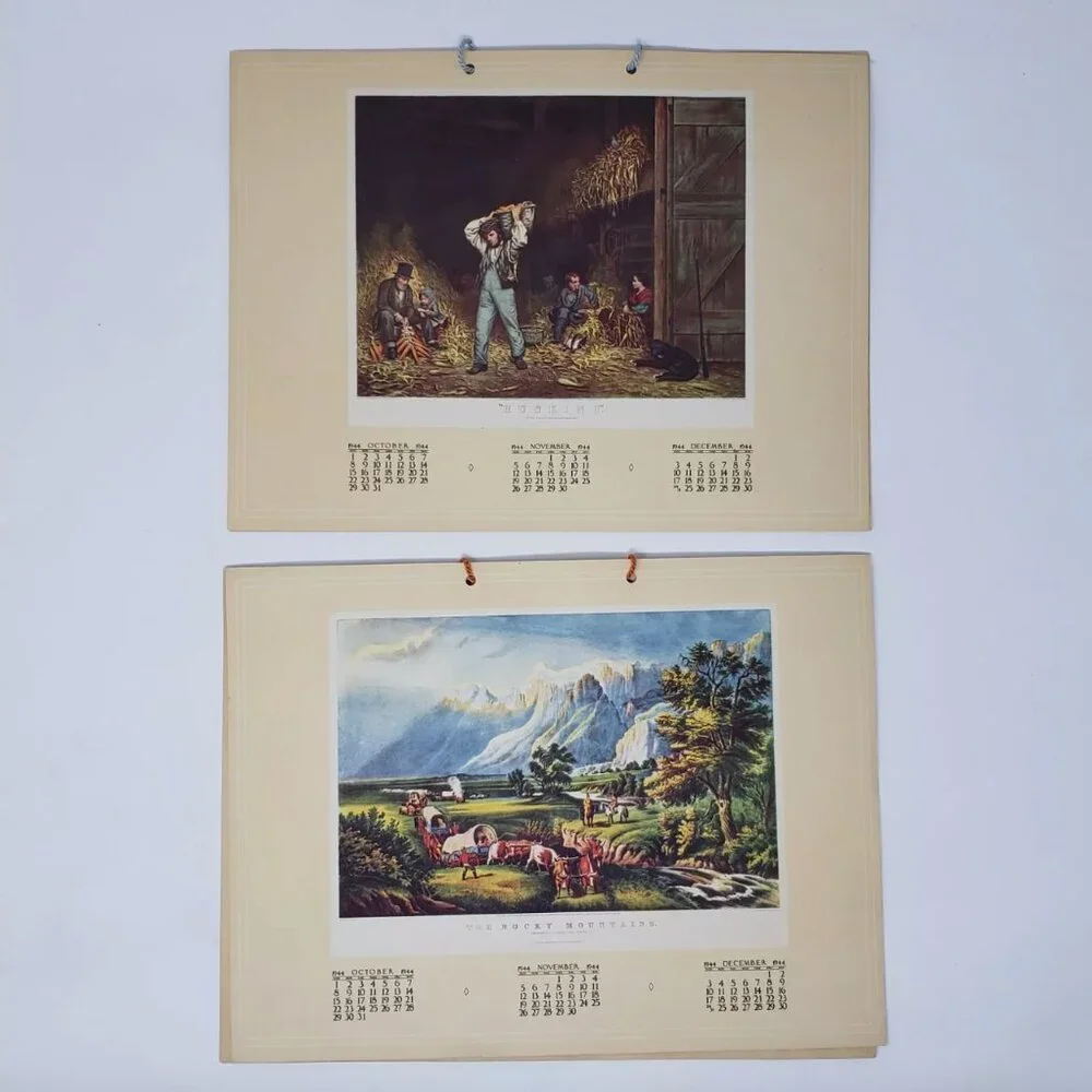 2 VTG 1944 Currier & Ives Calendars Home To Thanksgiving, American Express Train